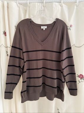 Studio B Olive Green V-Neck with Black Striped Lightweight Sweater